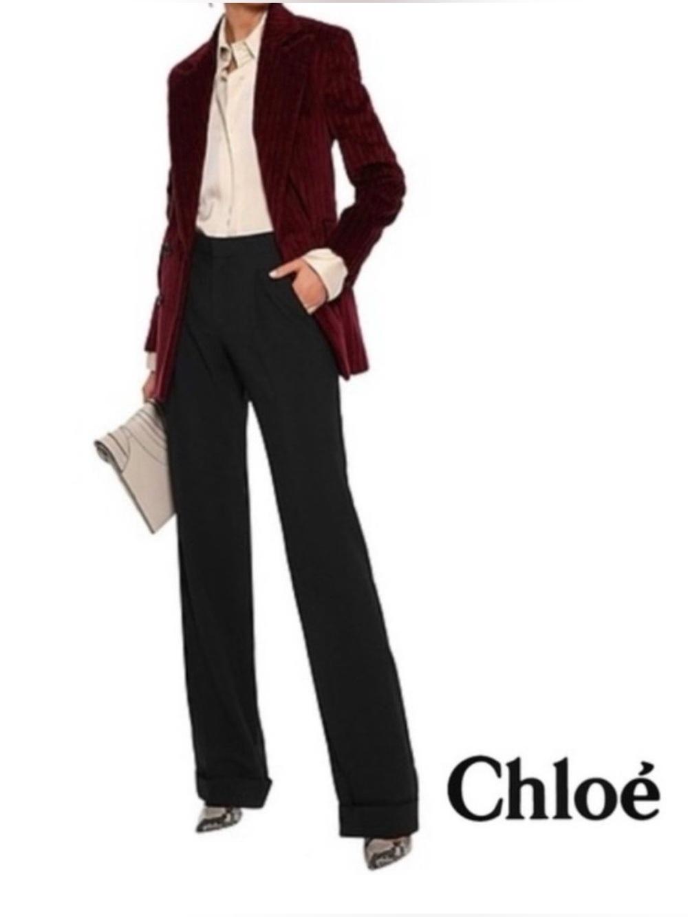 CHLOE Virgin Wool Women’s High Rise Wide Leg Trousers, Size 26 Waist